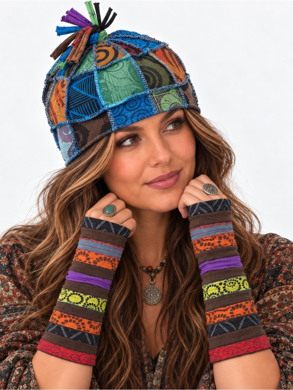 Handmade Patchwork Hobo Beanie Arm Warmers Set Boho Festival Hippie Artsy Indie